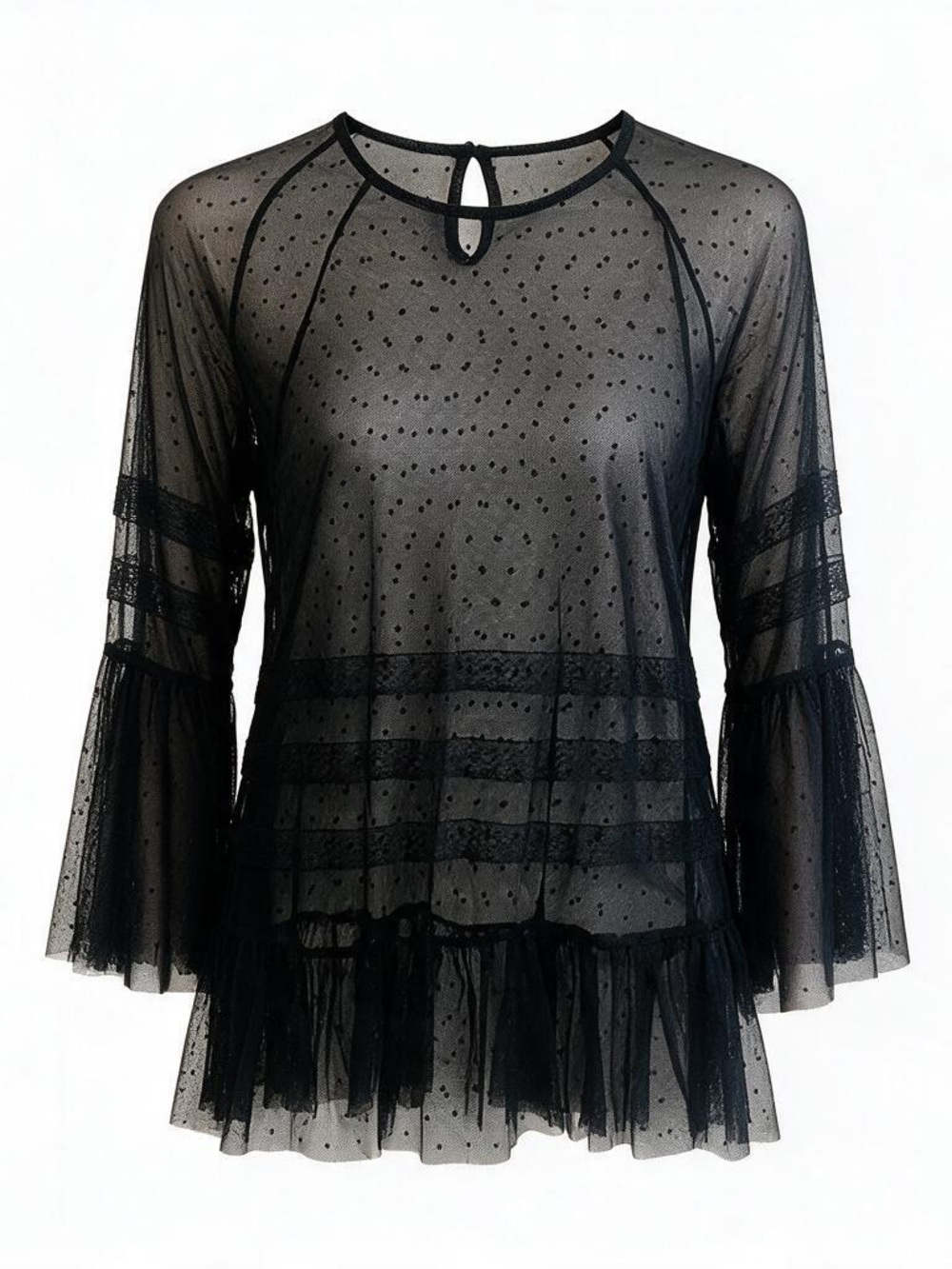 Sheer Black Swiss Dot Ruffle Y2K Style Long Sleeve Layering Top *Missing Tag*